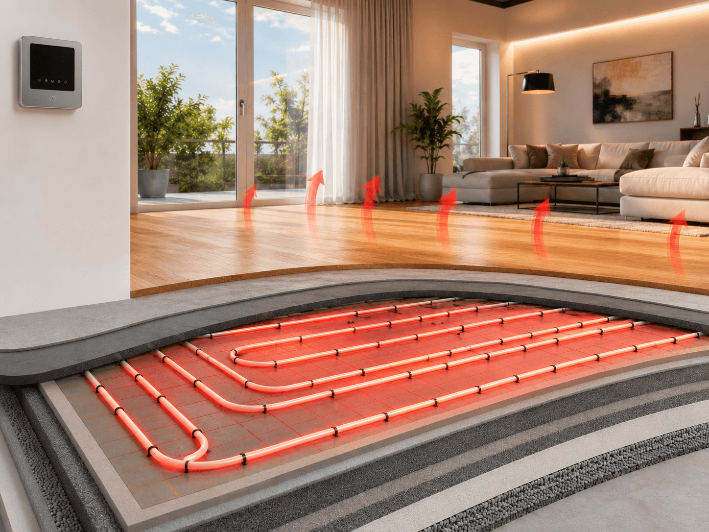 Schnitt durch einen Fußboden mit glühenden Heizrohren, darüber ein warm beleuchtetes Wohnzimmer