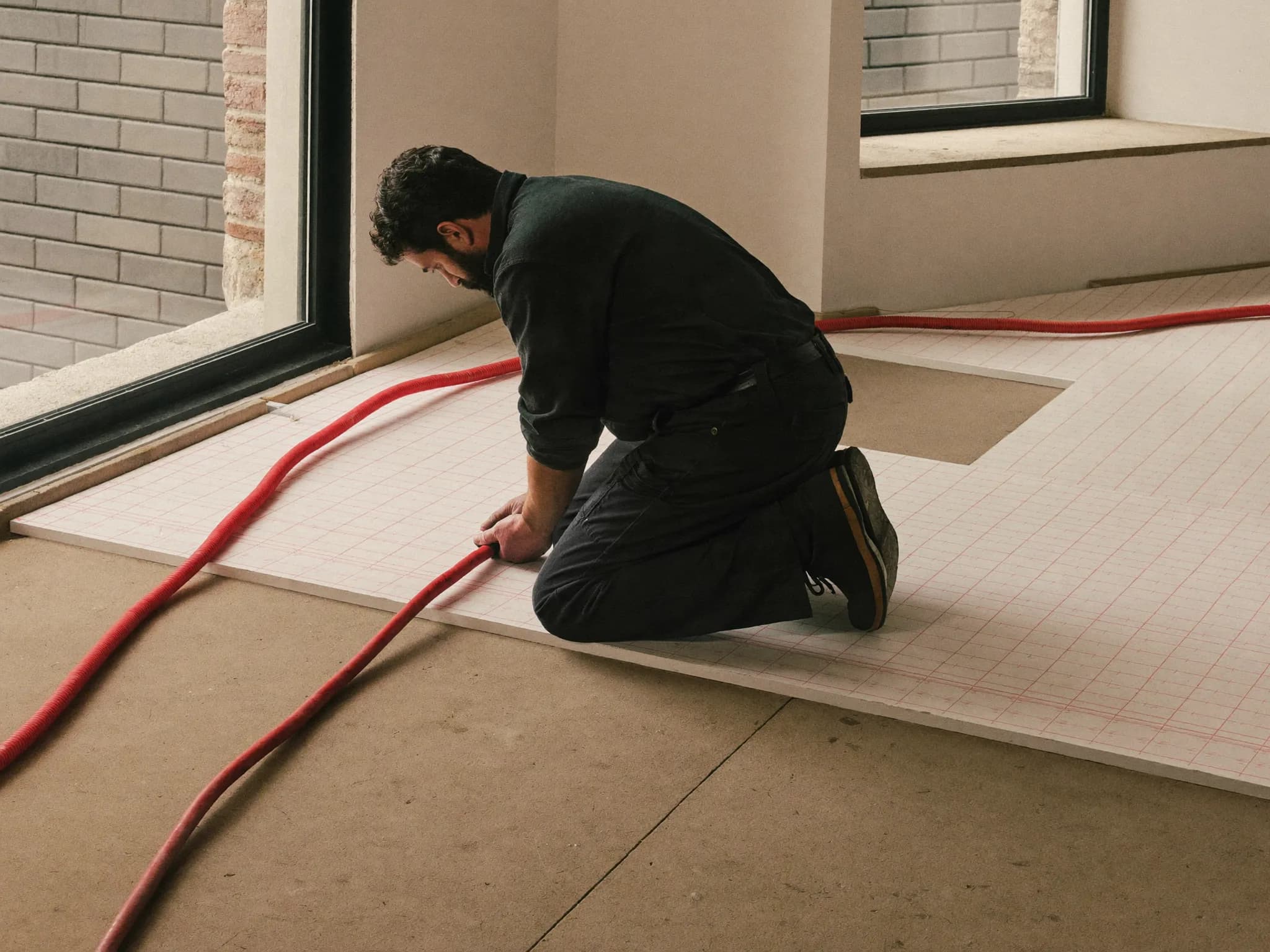 Verlegung von rotem Heizrohr auf Tackerplatten im Neubau